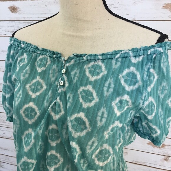 Joe Fresh Peasant Blouse Women Medium Green Cotton Elastic Neckline - Picture 3 of 9